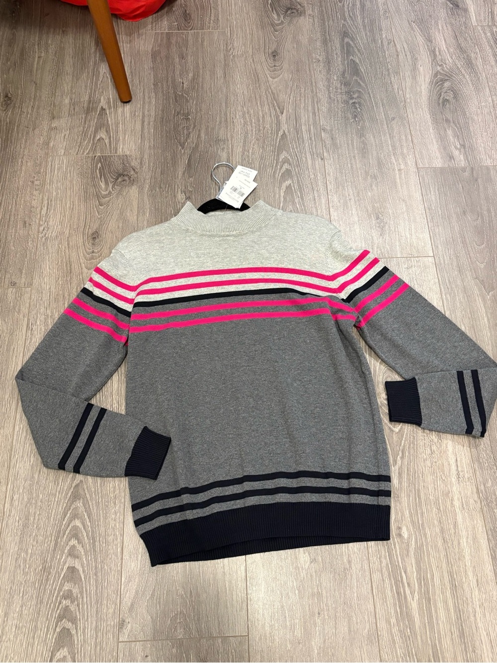 100% cotton Northern Reflections Gray Crewneck Sweater with Pink Stripe Accents